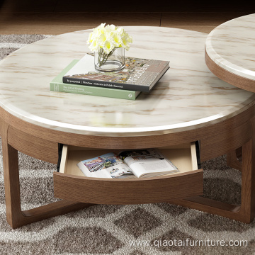 Solid Wood Round Marble Coffee Table Combination